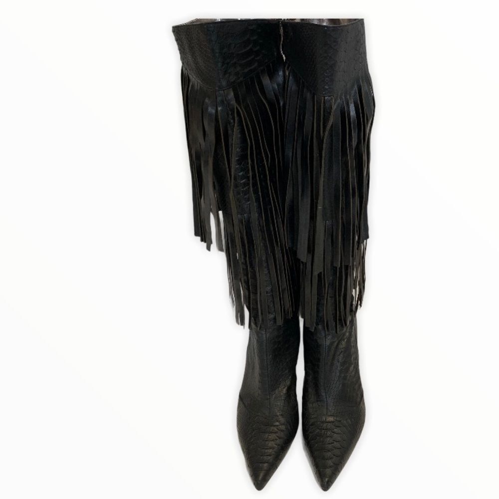 Fantasy collection black high heel fringe boots - Picture 4 of 12